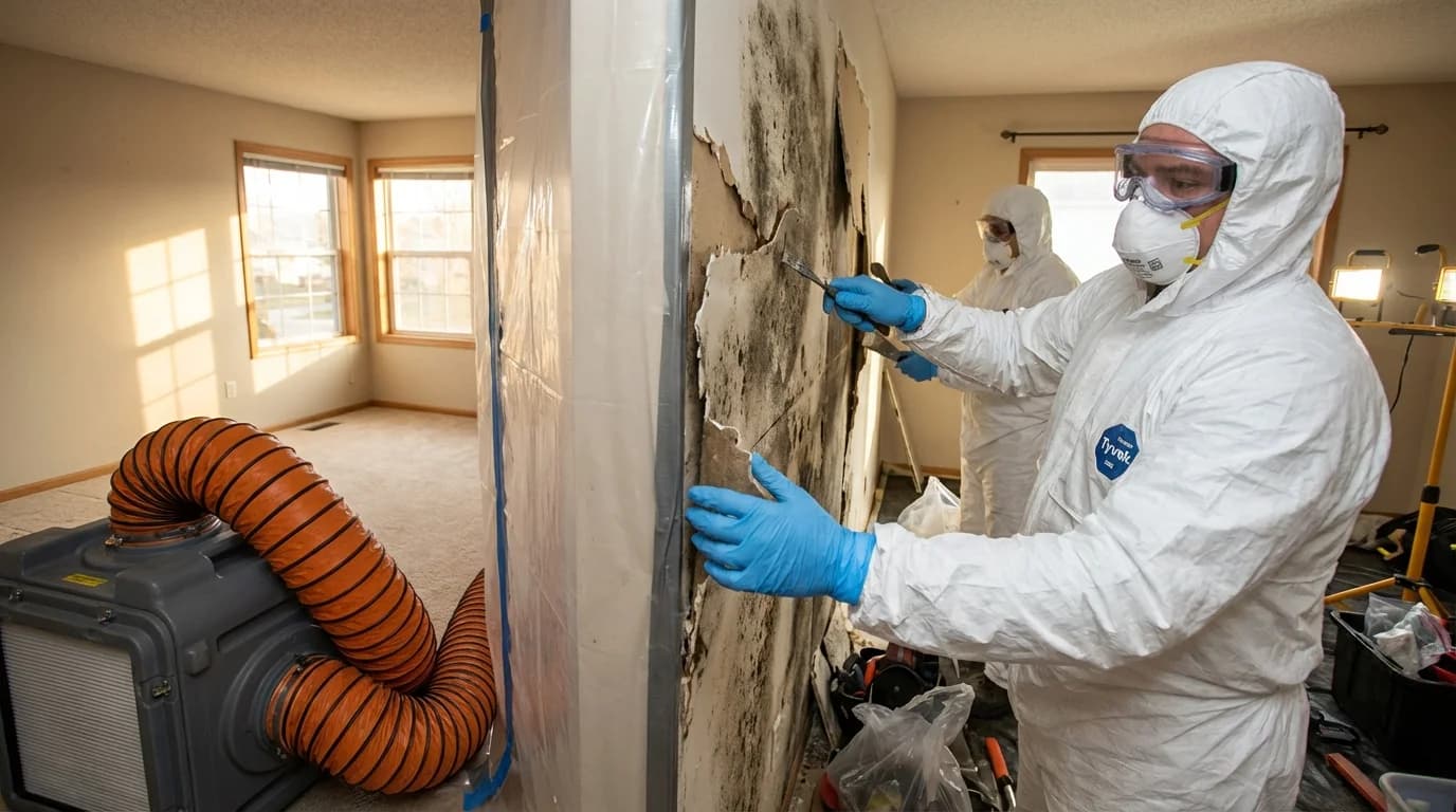 Professional mold remediation crew in protective suits removing mold-damaged drywall with HEPA air scrubber