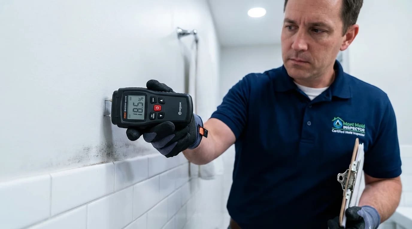 Certified mold inspector using a moisture meter to assess water damage on a bathroom wall