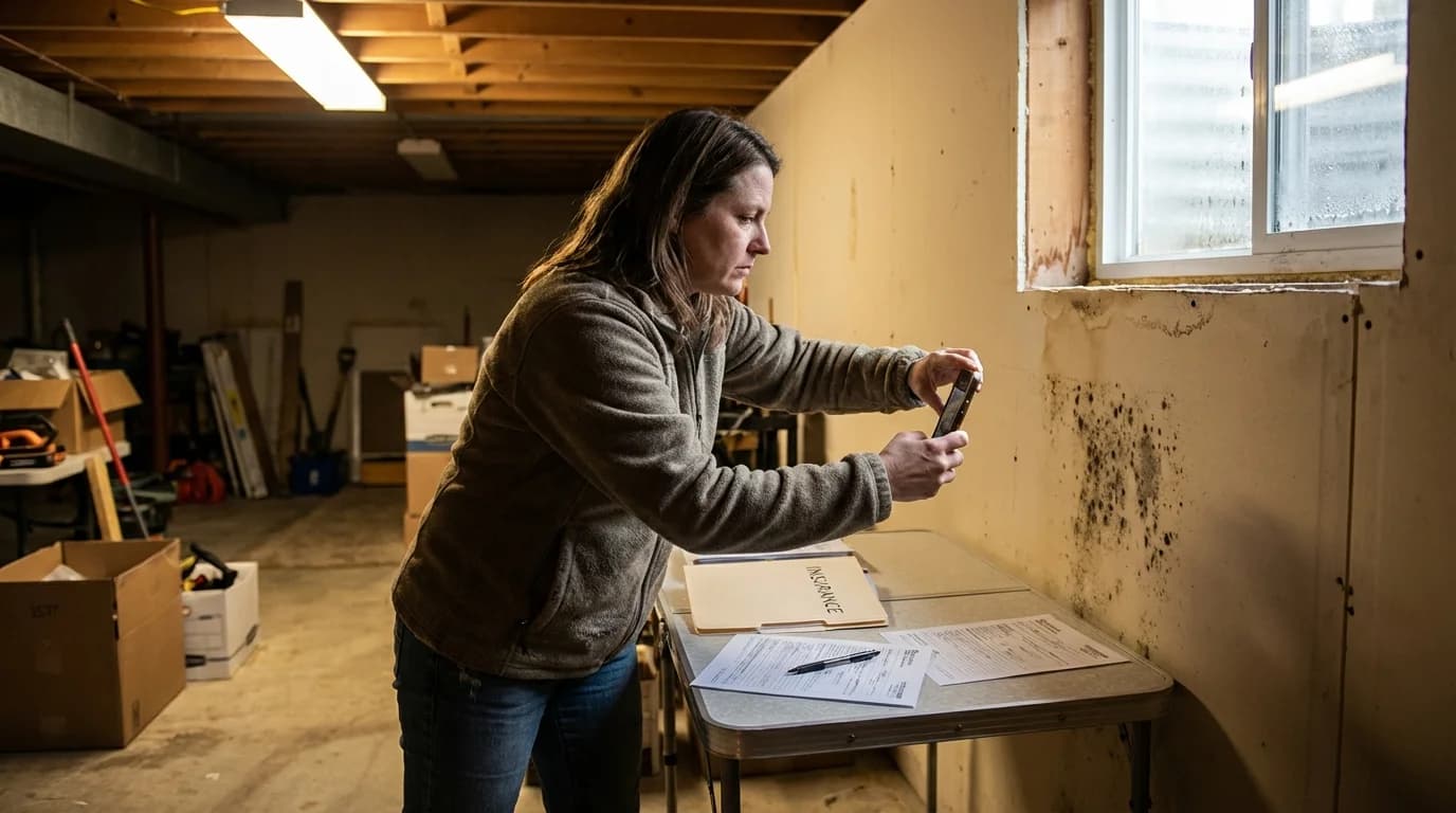 Homeowner photographing mold damage in basement with smartphone alongside insurance documents