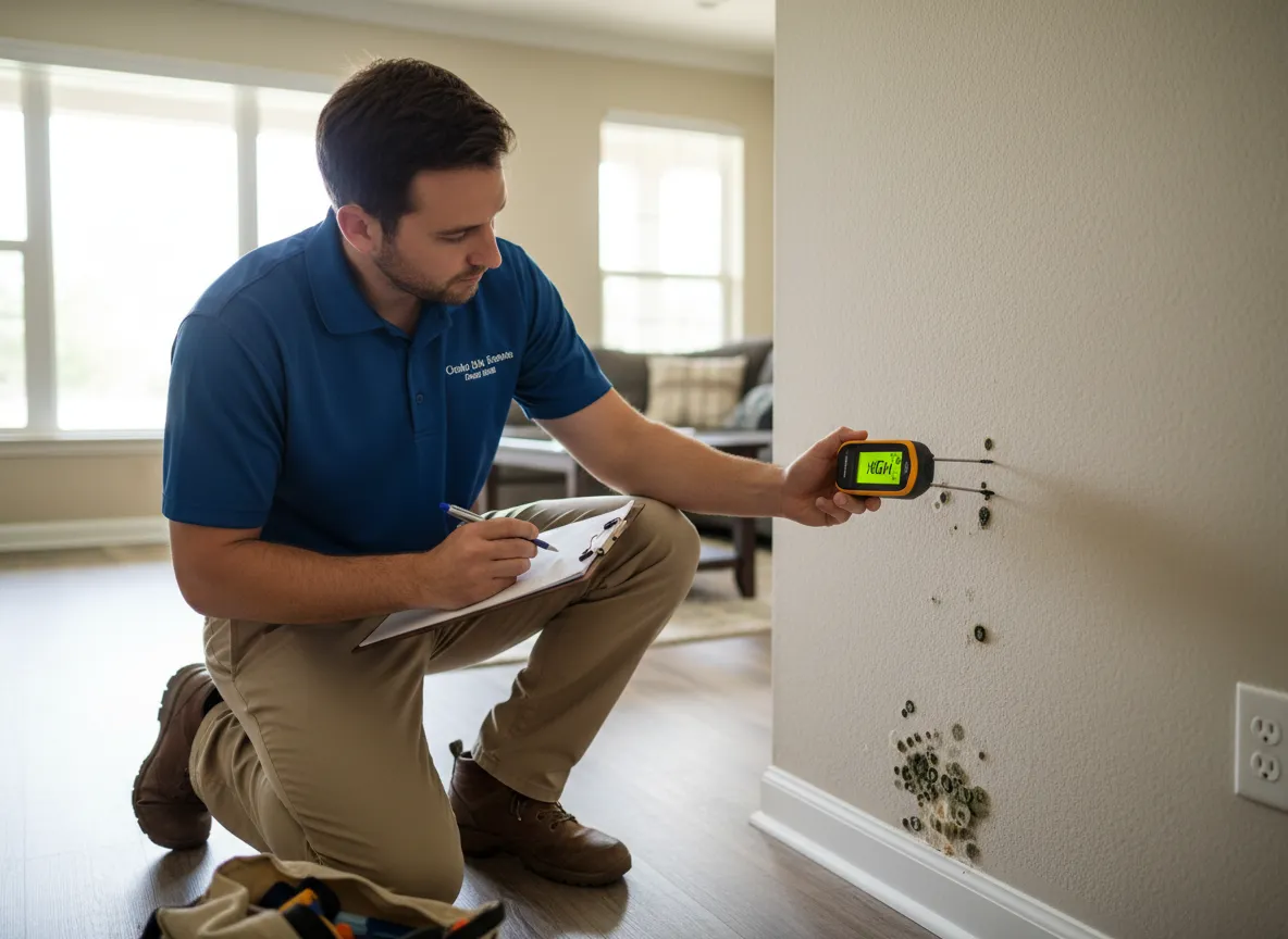 Professional mold inspector using a moisture meter to assess mold damage on a residential wall while taking notes on a clipboard