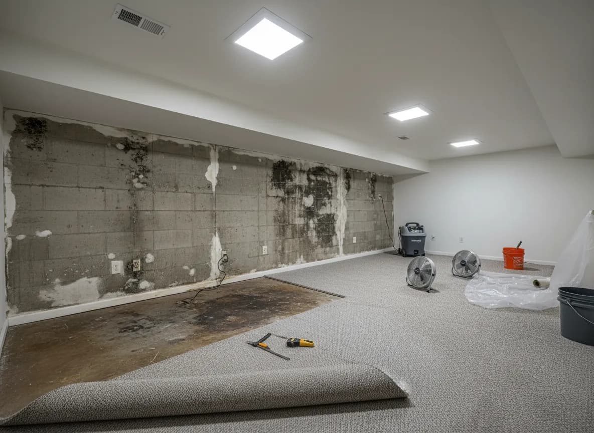 Finished basement with drywall removed showing mold on block walls and carpet pulled back, demonstrating the scope of a mid-range remediation project