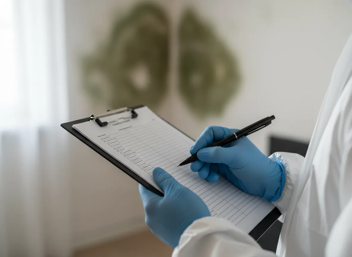 Professional in gloves writing an itemized mold inspection report on a clipboard with mold-affected wall in the background