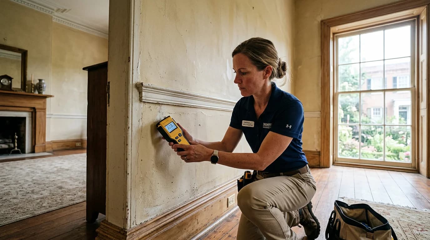 Professional mold inspector using a moisture meter on a wall in a historic Savannah home with original plaster and wood trim