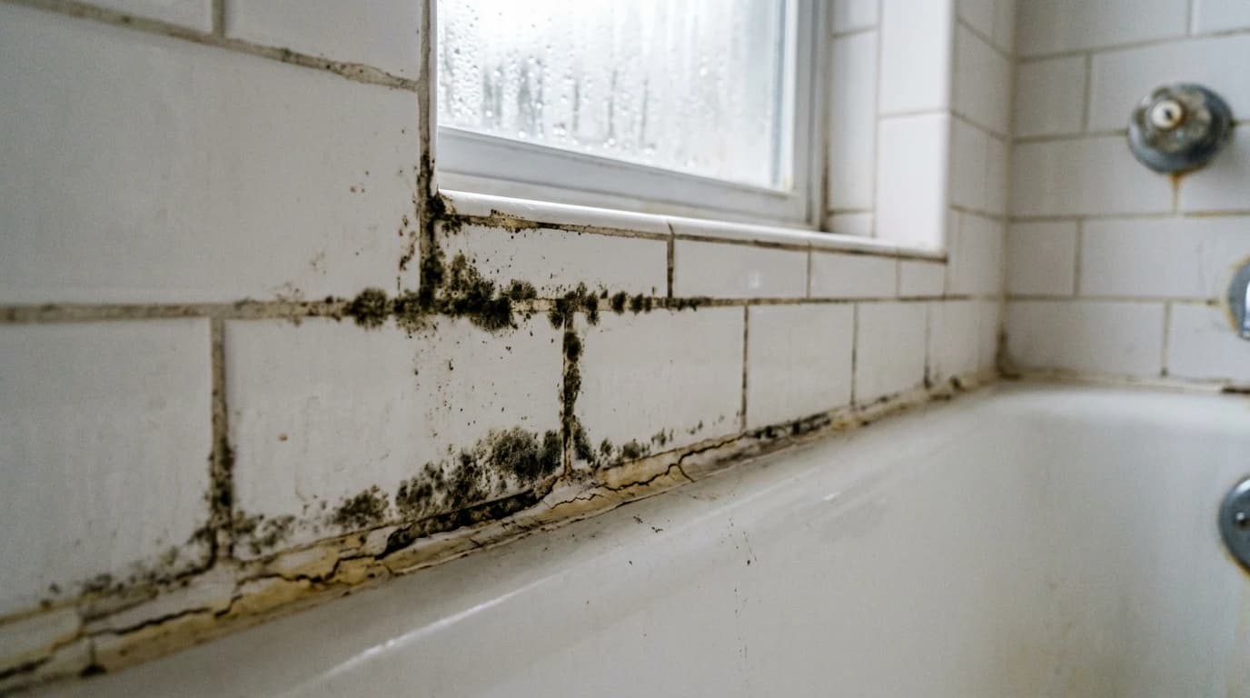 Mold growth around tile grout and caulk in a Savannah bathroom with a window showing humidity damage