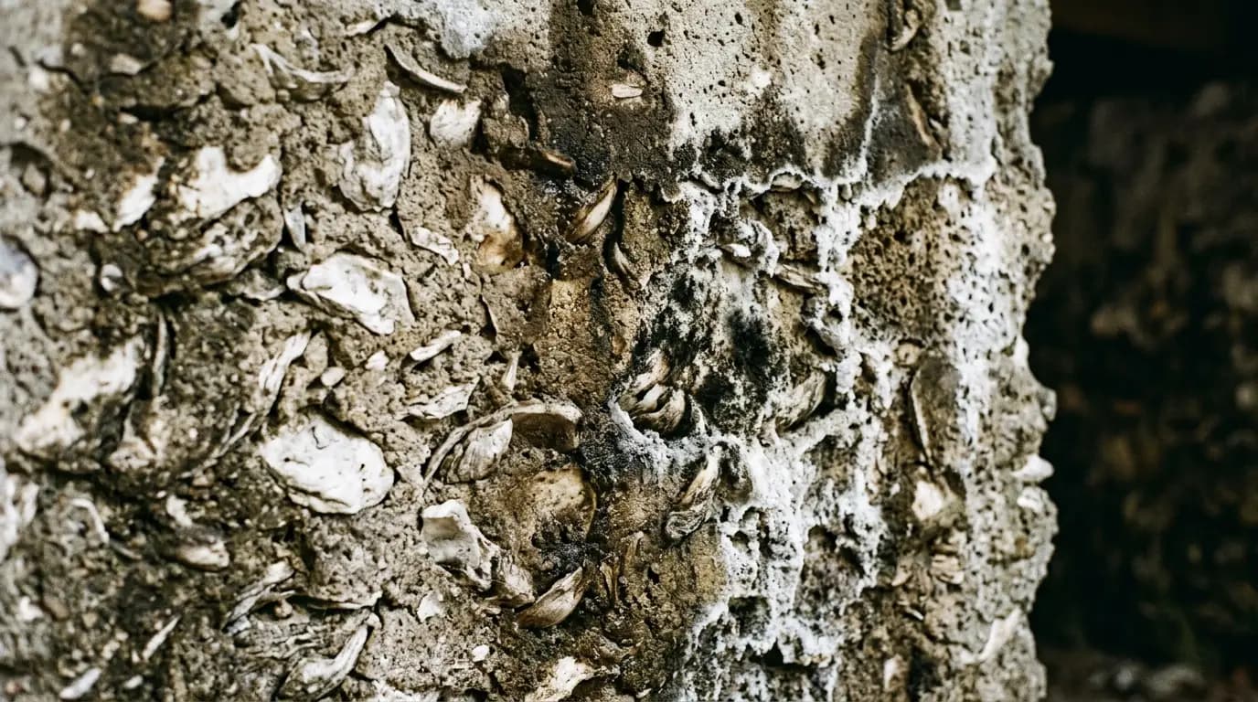 Original tabby foundation of a historic Savannah home showing porous texture and moisture staining