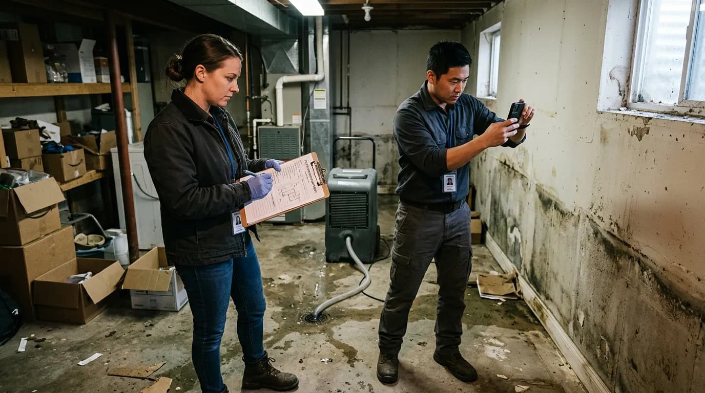 Insurance adjuster and mold inspector reviewing water damage documentation in a Savannah home basement after a flooding event