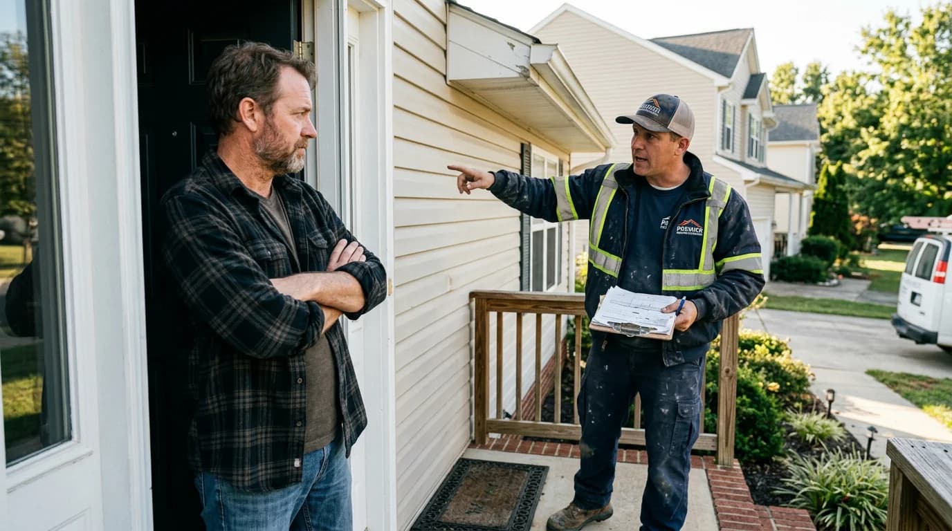 Homeowner standing at their front door with arms crossed looking skeptical while a contractor gestures urgently with a clipboard
