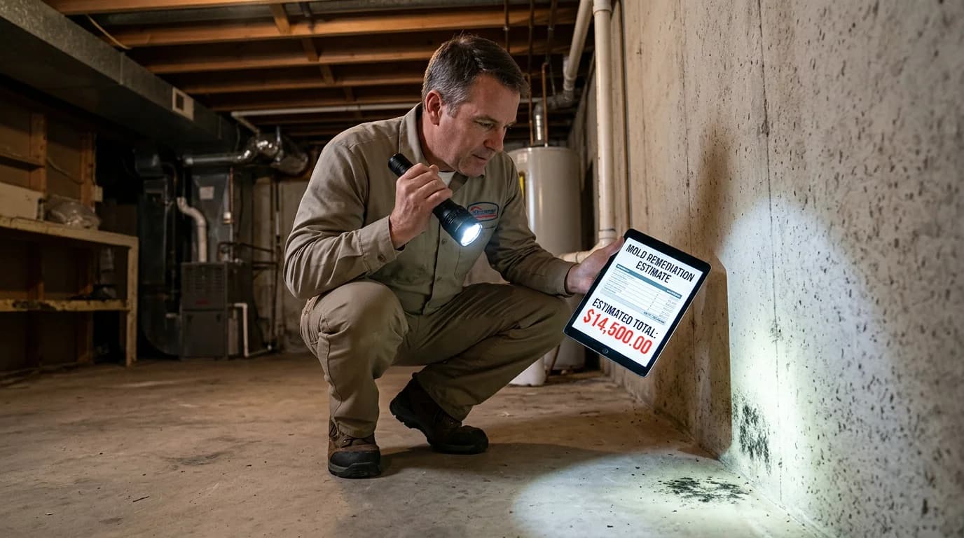 Contractor in a basement shining a flashlight on a small mold patch while holding a tablet displaying an inflated remediation estimate
