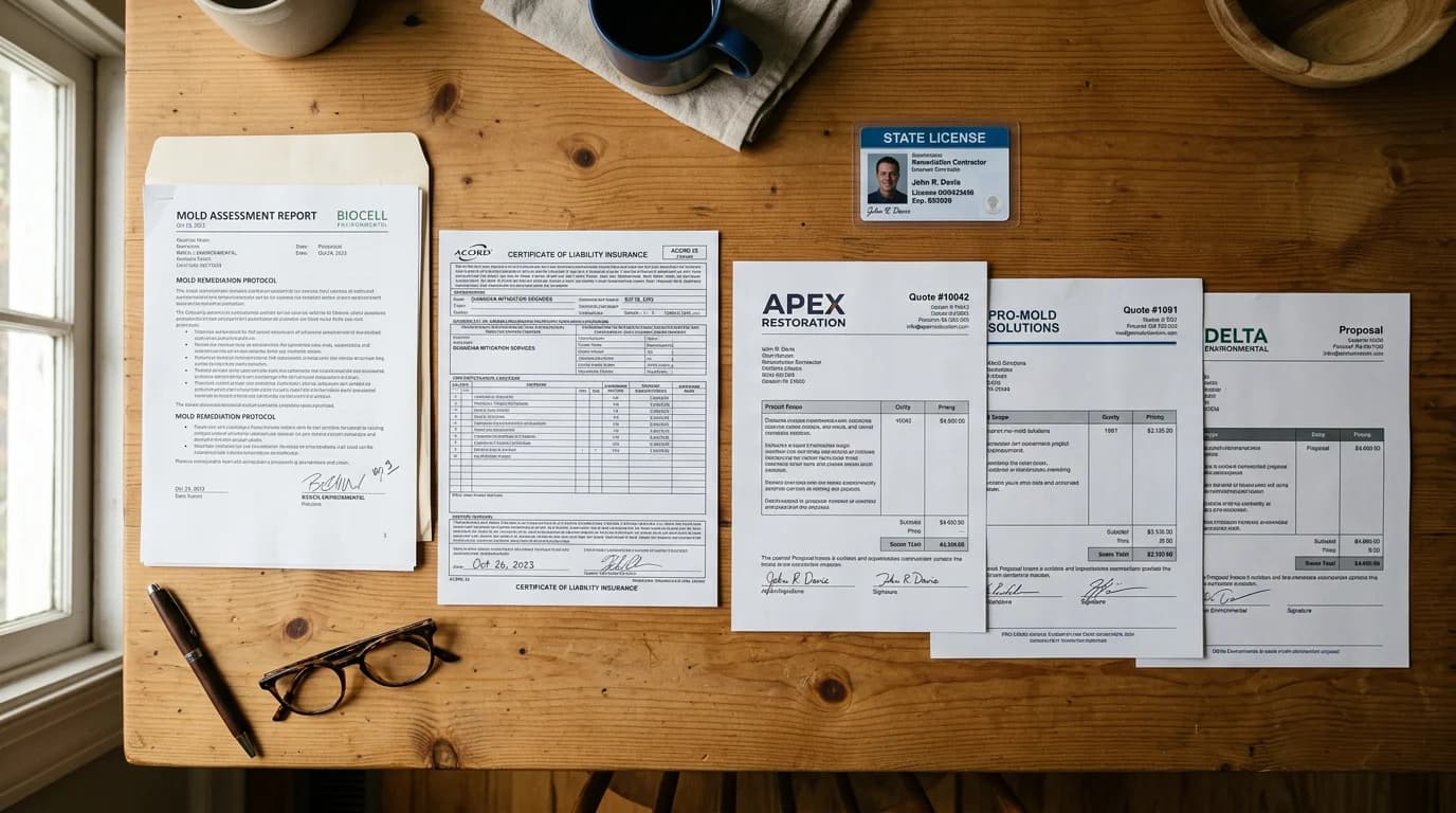 Overhead view of a kitchen table with a mold assessment report, certificate of insurance, state license, and three contractor quotes laid out for comparison