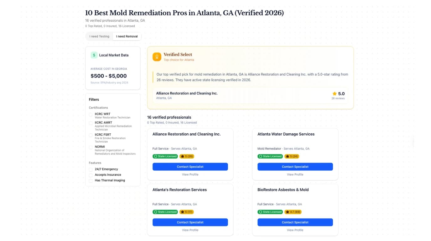 Verified Remediation provider listings showing mold professionals with trust tier badges indicating licensing, insurance, and review verification status