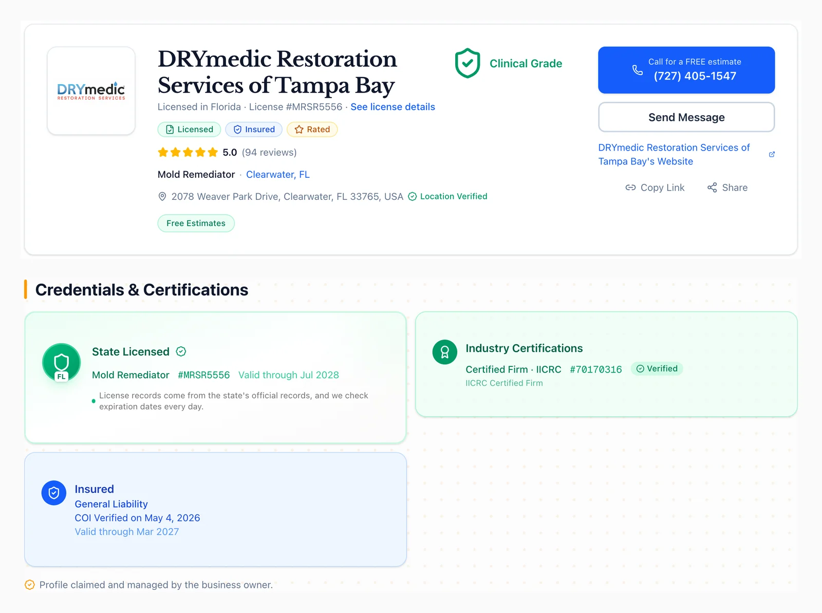 Verified Remediation profile of DRYmedic Restoration Services of Tampa Bay, a Clinical Grade mold remediator in Clearwater, Florida, showing its Florida mold remediator license, verified general liability insurance, IICRC Certified Firm credential and a 5.0-star rating from 94 reviews