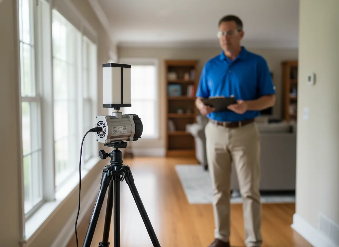 Professional mold inspector standing beside an air sampling pump on a tripod collecting spore samples in a residential home