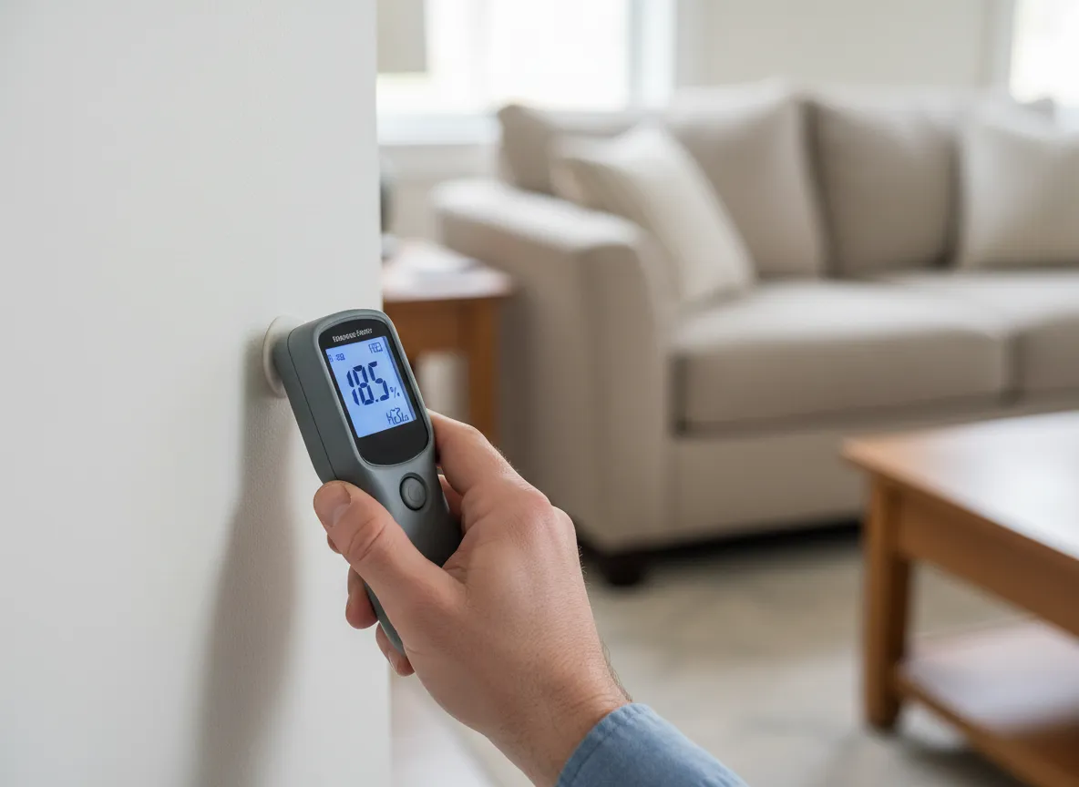Handheld digital moisture meter pressed against a residential wall showing a moisture reading on the LCD screen