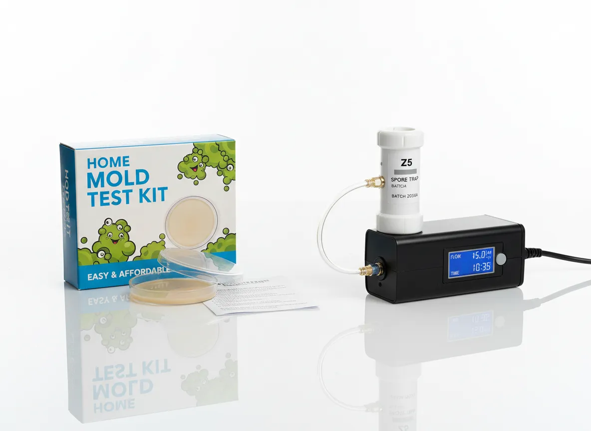 Side-by-side comparison of a cheap DIY home mold test kit with petri dish versus a professional calibrated air sampling pump with spore trap cassette