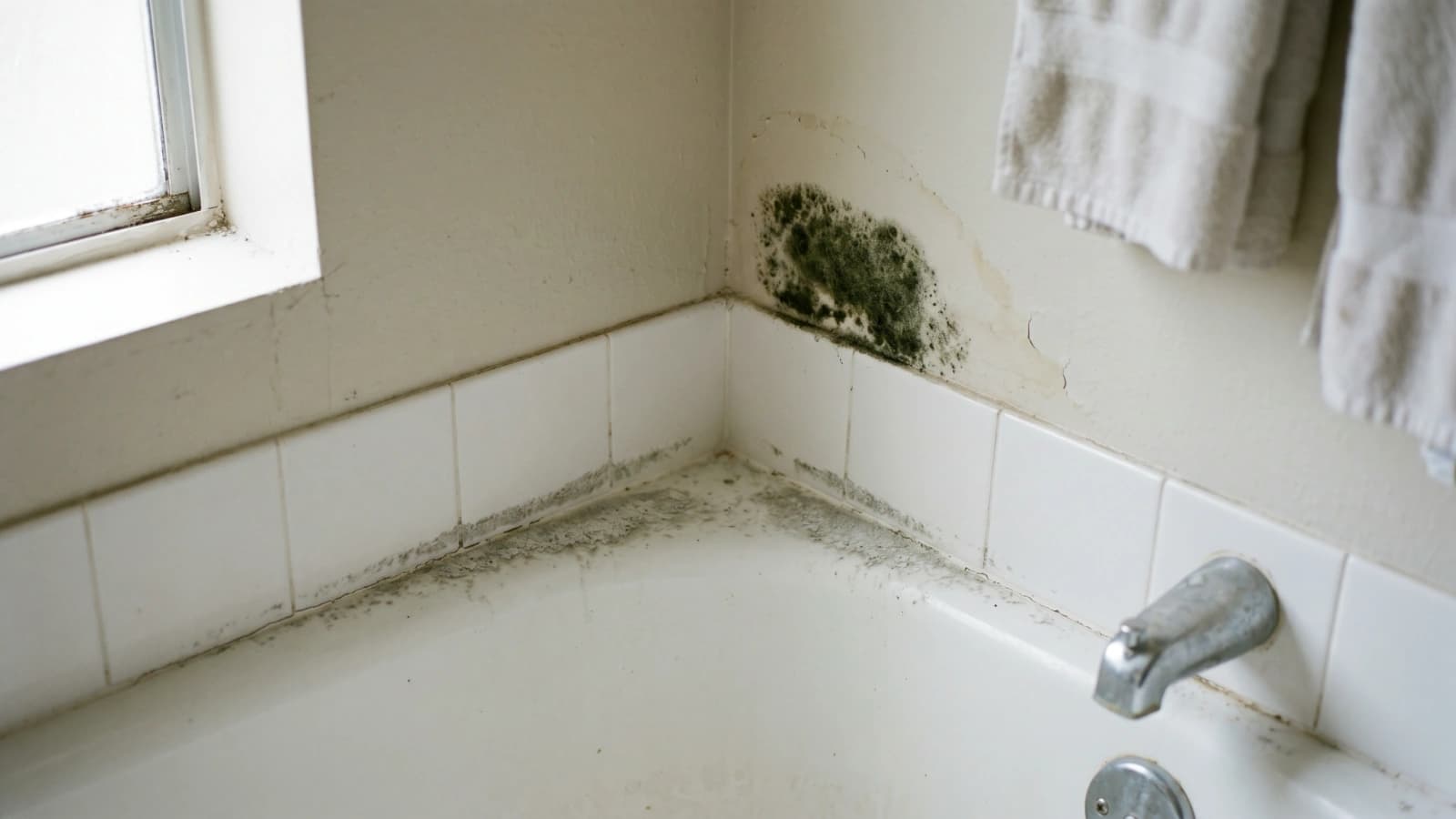 A bathroom tub corner with gray-white powdery mildew along the tile grout and caulk lines, and a dark green-black mold patch on the painted drywall above the tile near the ceiling.