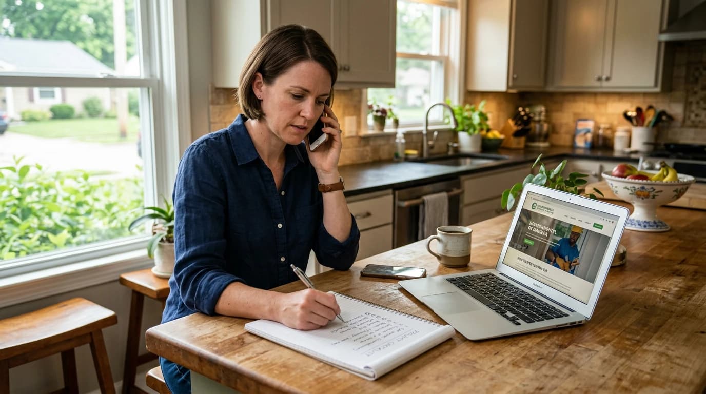 Homeowner making a phone call while taking notes on a checklist, with a laptop open to a contractor's website