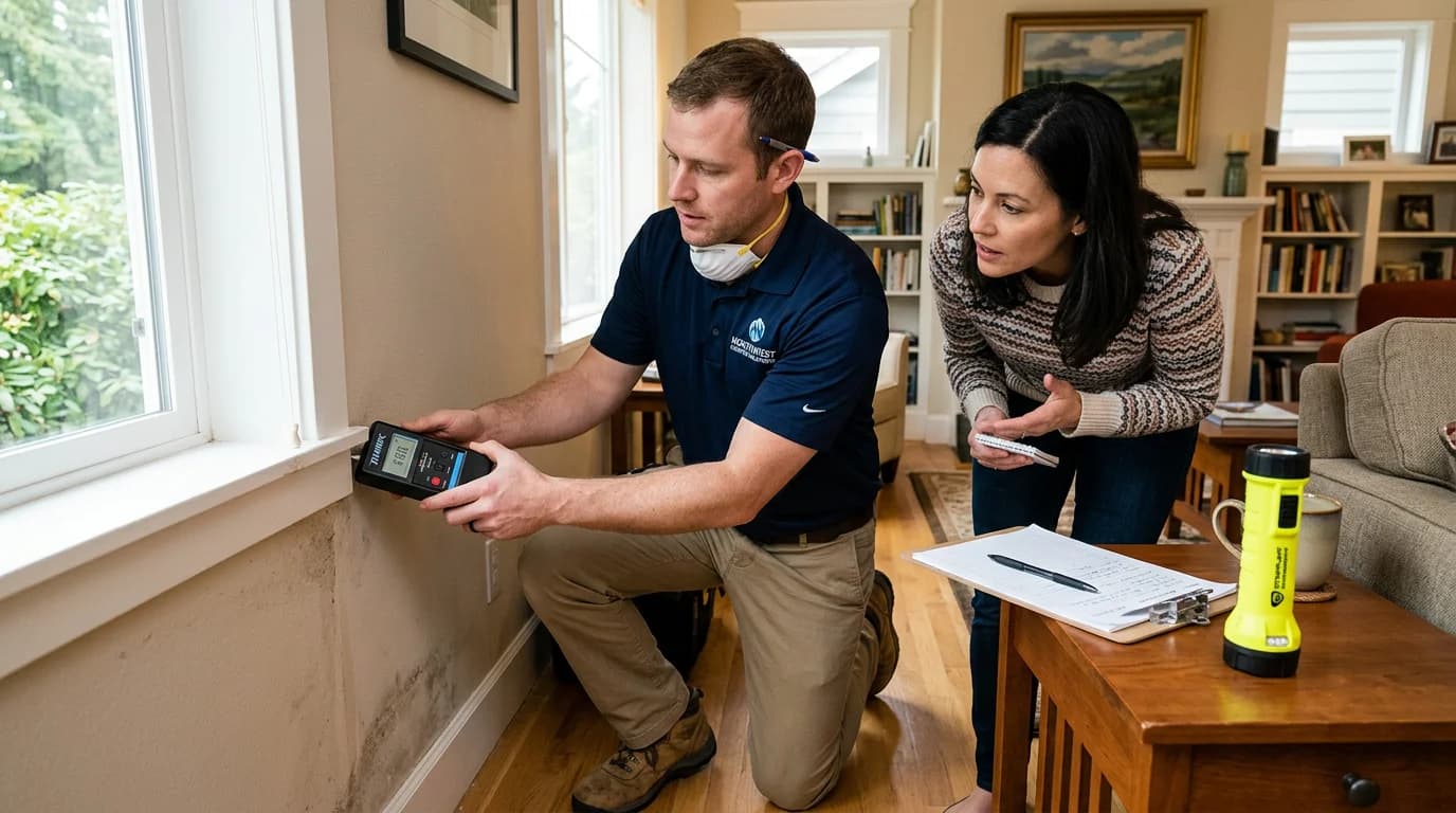 Mold assessor using a moisture meter on a wall while explaining findings to a homeowner during an in-home inspection