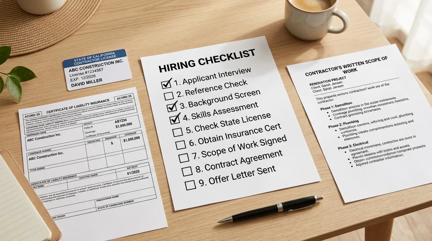 Overhead view of a hiring checklist with checkmarks alongside a state license, certificate of insurance, and written scope of work on a kitchen table