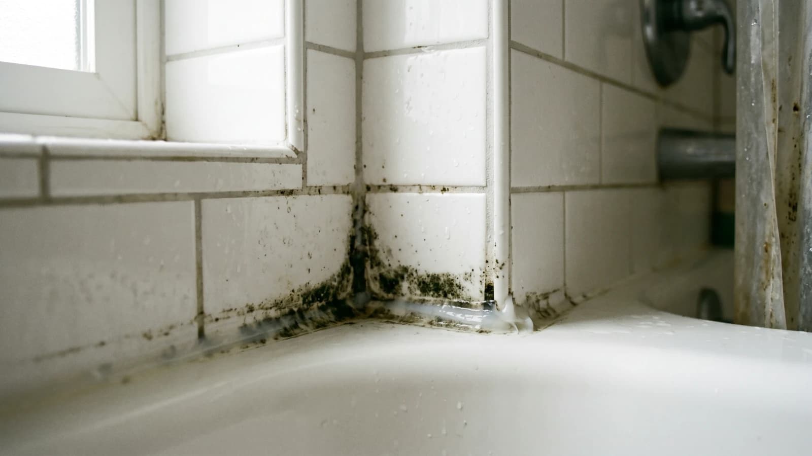 Black mold growing inside the silicone caulk bead along a shower tub joint, with early dark spotting in the lowest tile grout lines above it.
