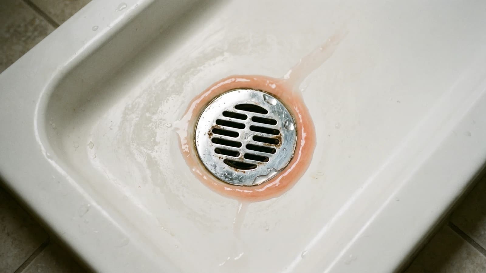 Slimy pink-orange film of Serratia marcescens bacteria ringing a chrome shower drain, following the water path across the shower pan.