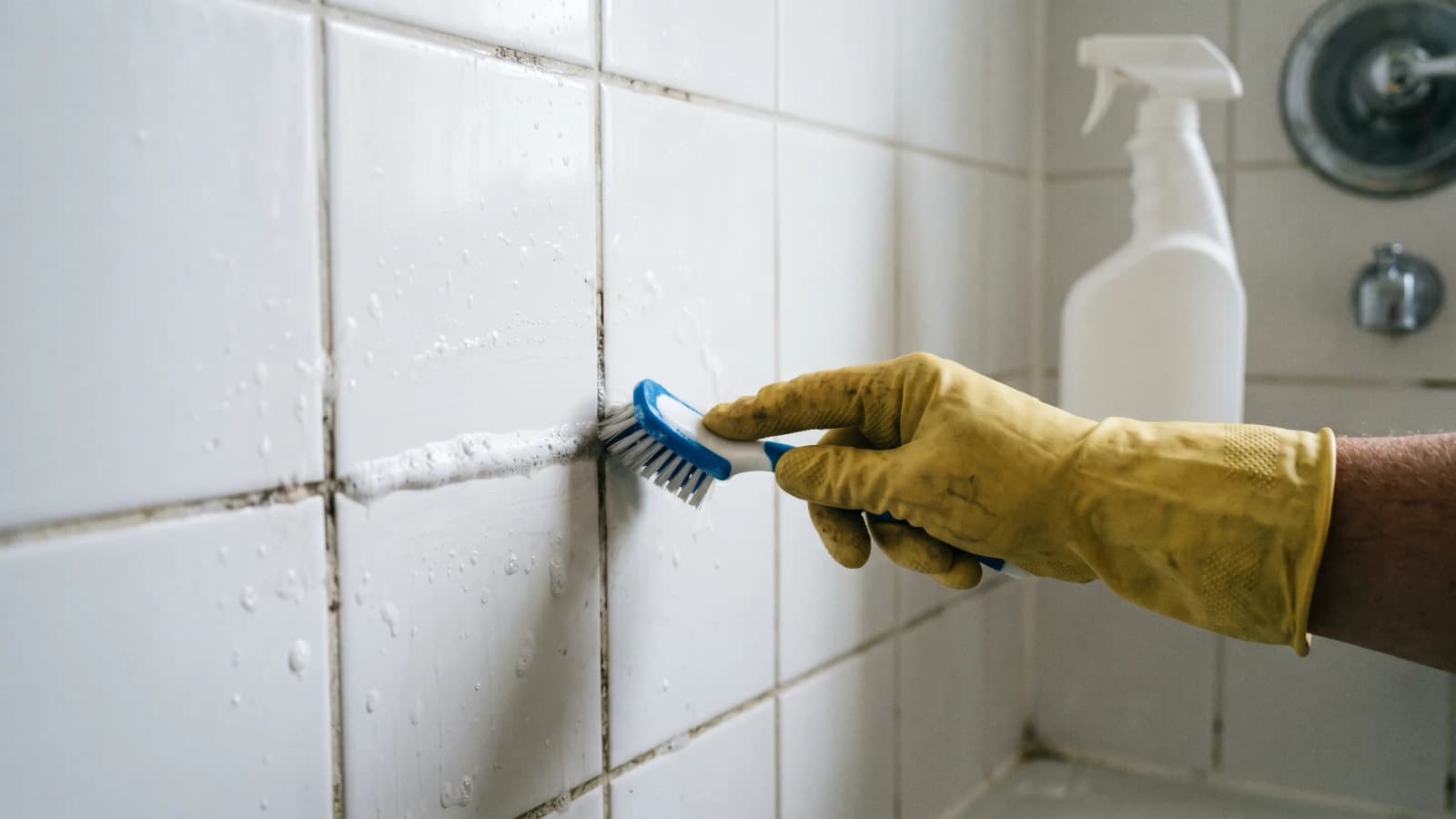 Gloved hand scrubbing a darkened shower grout line with a narrow stiff brush, cleaning foam sitting on the grout ahead of the bristles.