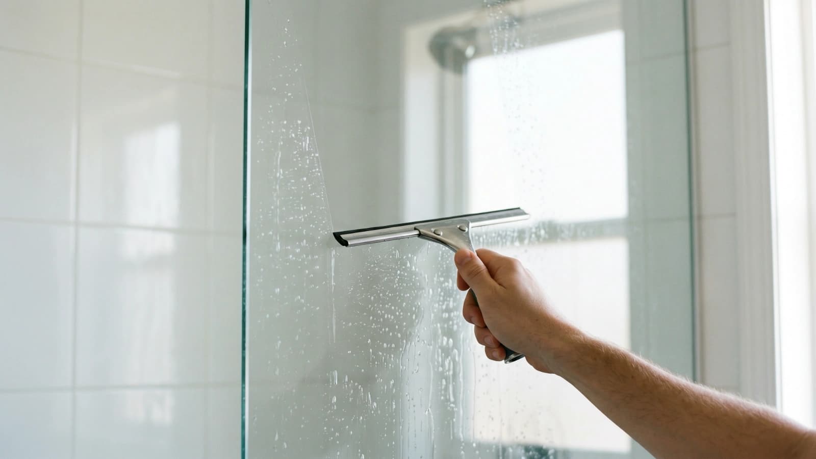 Squeegee pulling a clean dry stripe down a glass shower panel, removing the standing water that mold growth needs.