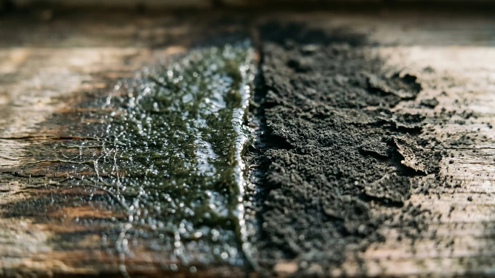 Macro of black mold in two states on the same surface: the active edge on the left is dark green-black, slimy, and shiny; the older area on the right is matte, powdery, and sooty.