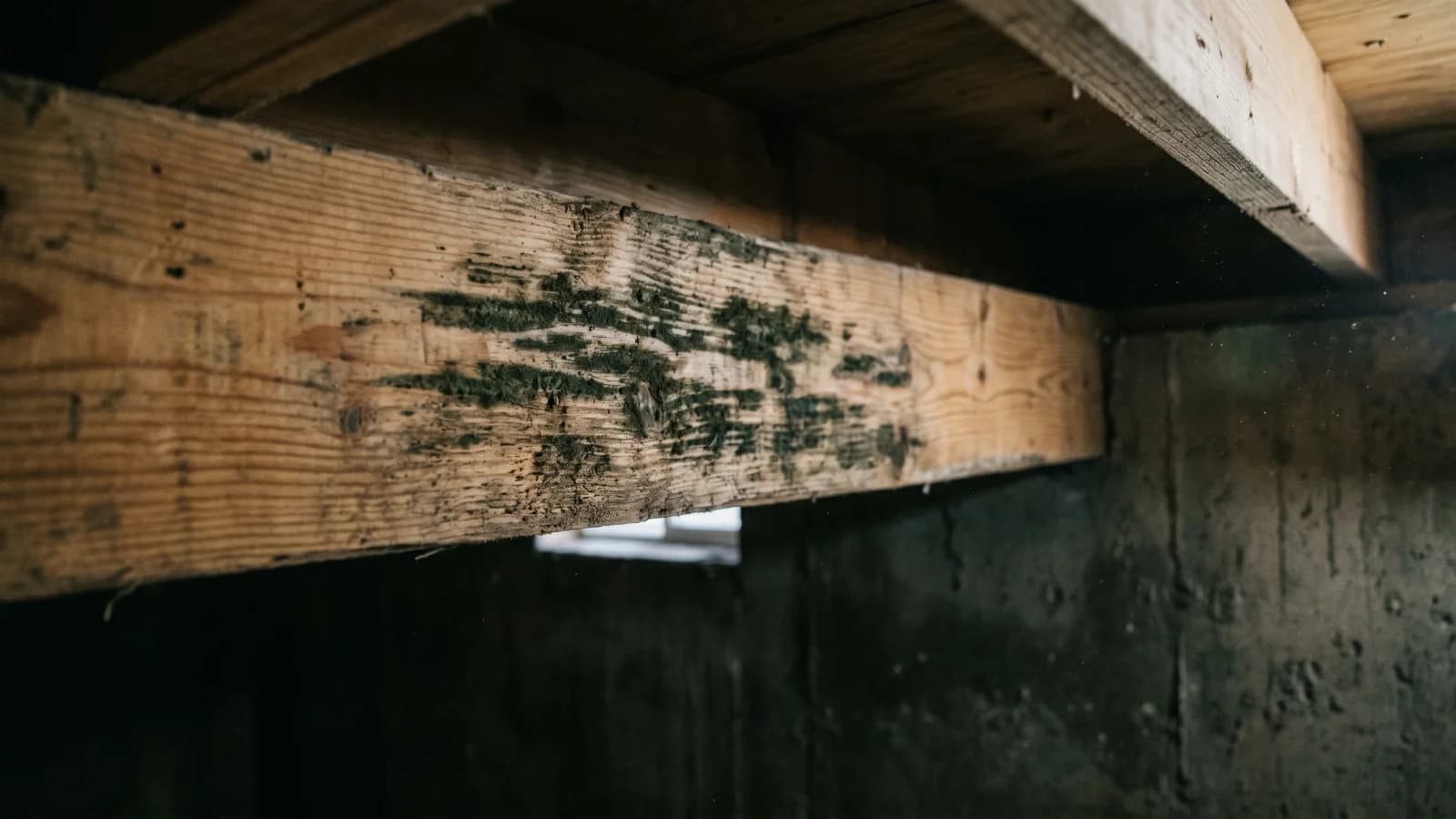 Dark green-black mold growing along the grain of a bare wood floor joist in a basement, grown into the wood in irregular streaks with the wood darkened beneath it.