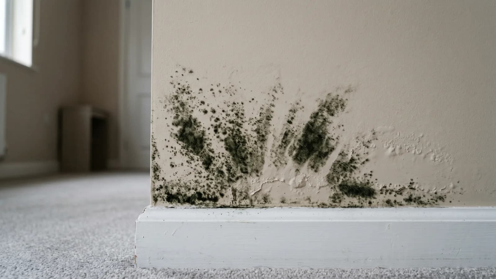 Dark green-black mold spreading upward from behind a white baseboard on a painted bedroom wall, in an irregular fan of fuzzy patches with the paint faintly bubbled above it.
