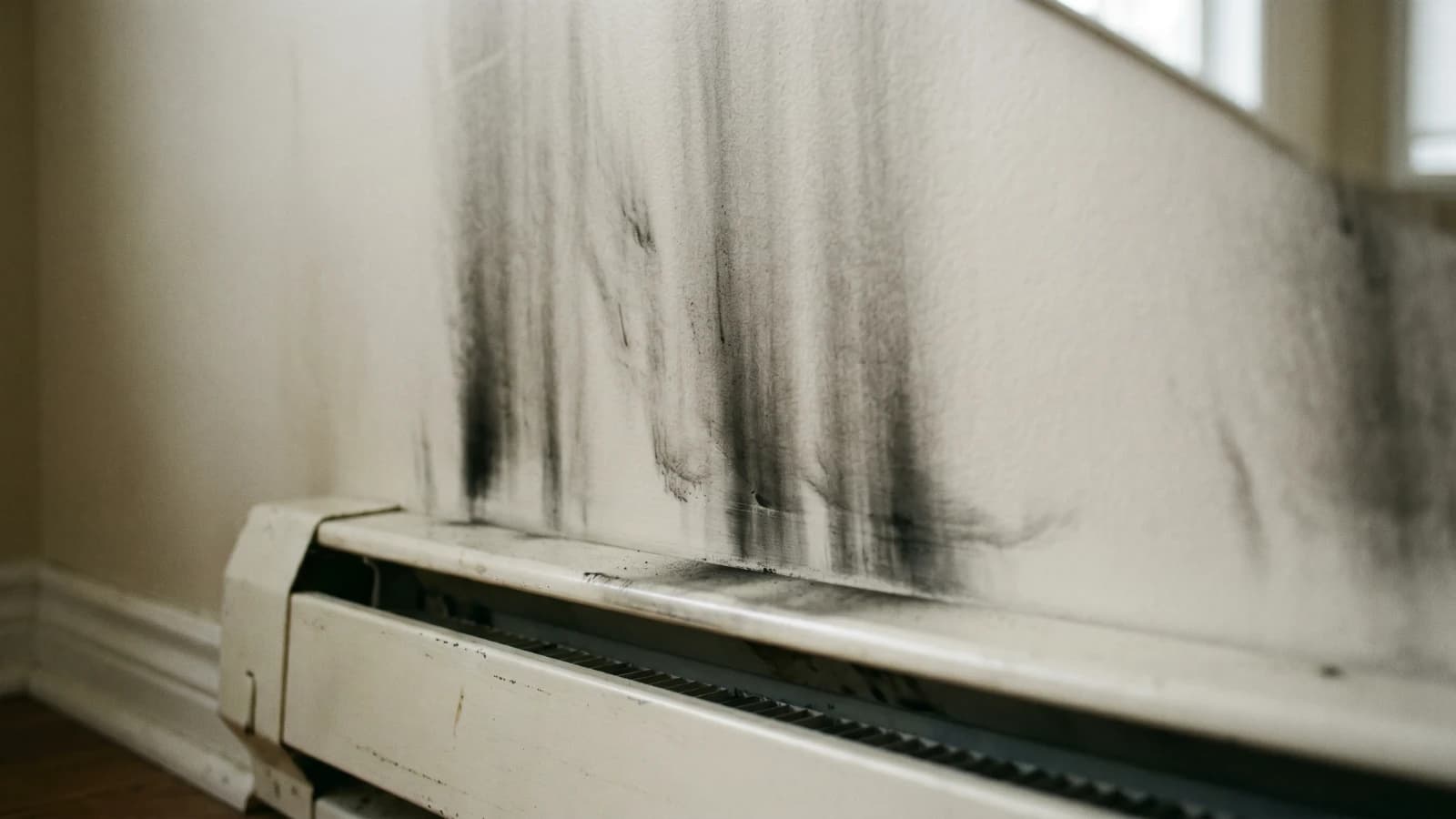 Flat black soot and dust streaking a wall above a baseboard heater, following the airflow path in feathered vertical lines, sitting on the surface with no raised or fuzzy texture, a common black-mold look-alike.