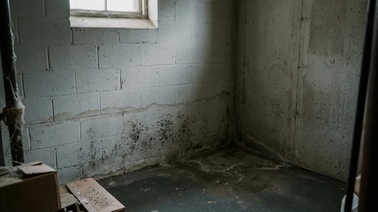 A dim basement corner with a damp concrete wall, a faint water line, and light mold growth where the wall meets the floor, the kind of hidden dampness that produces a whole-house musty smell.