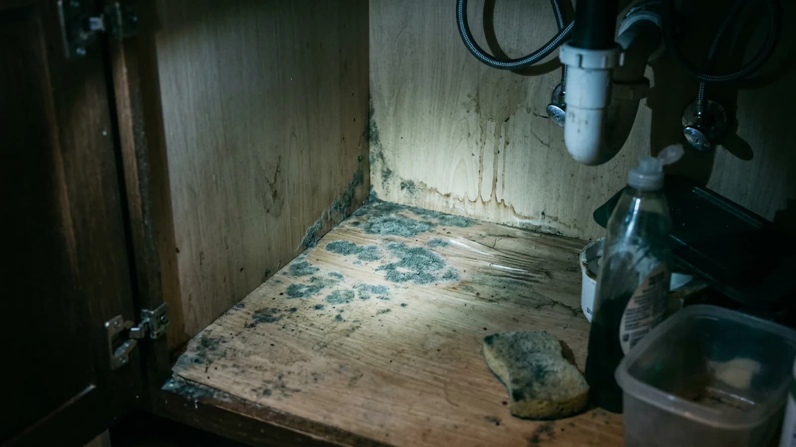 Dark grey-green mold spreading on the damp floor and back panel inside an under-sink cabinet, fed by a slow pipe leak.