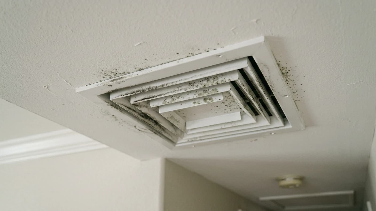 A white ceiling HVAC supply vent with light grey-green mold and dark dust streaks along the louvers and surrounding ceiling.