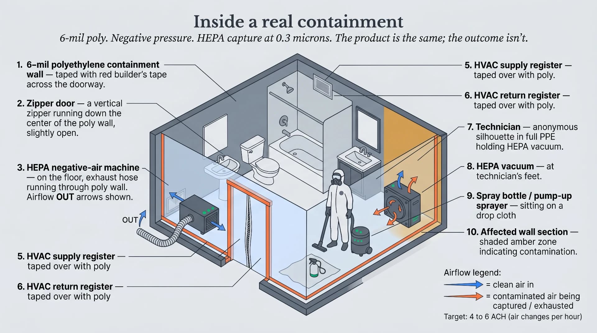 Annotated room diagram showing 6-mil polyethylene containment, zipper door, negative-air HEPA scrubber placement, airflow arrows, and technician position during professional mold remediation