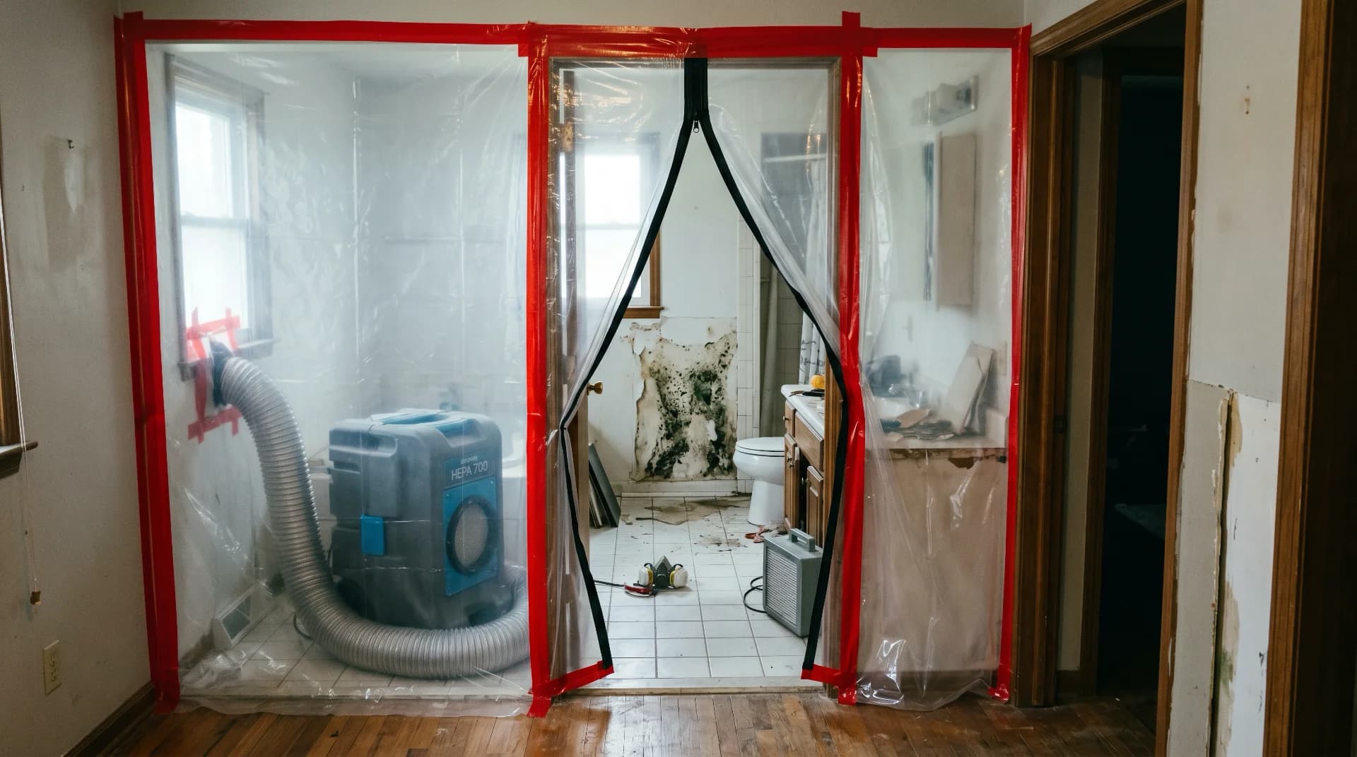 Professional mold remediation job site with 6-mil polyethylene containment walls, zipper door entry, and HEPA negative-air machine running. Water-damaged drywall visible inside containment showing dark mold colonies.