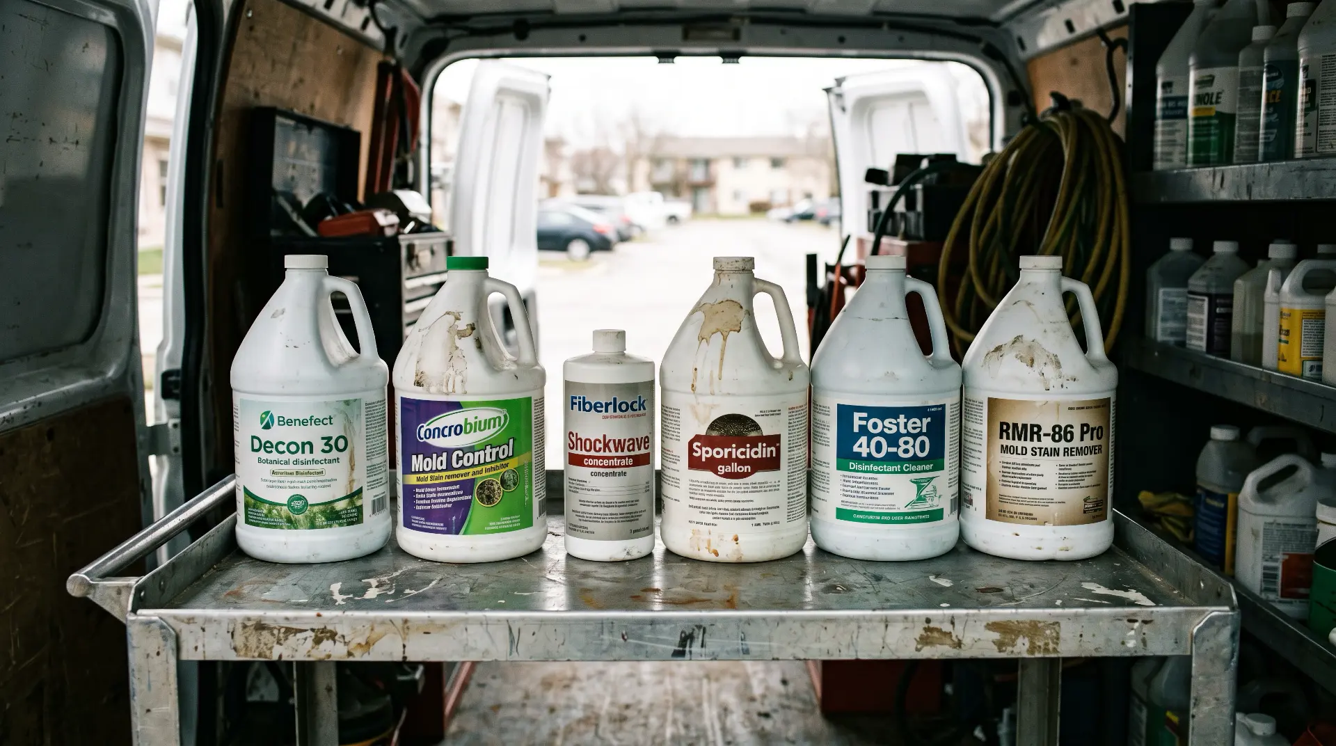 Six professional mold remediation products lined up on a contractor work surface: Benefect Decon 30, Concrobium Mold Control, Fiberlock Shockwave, Sporicidin Disinfectant Solution, Foster 40-80 disinfectant cleaner, and RMR-86 Pro stain remover.