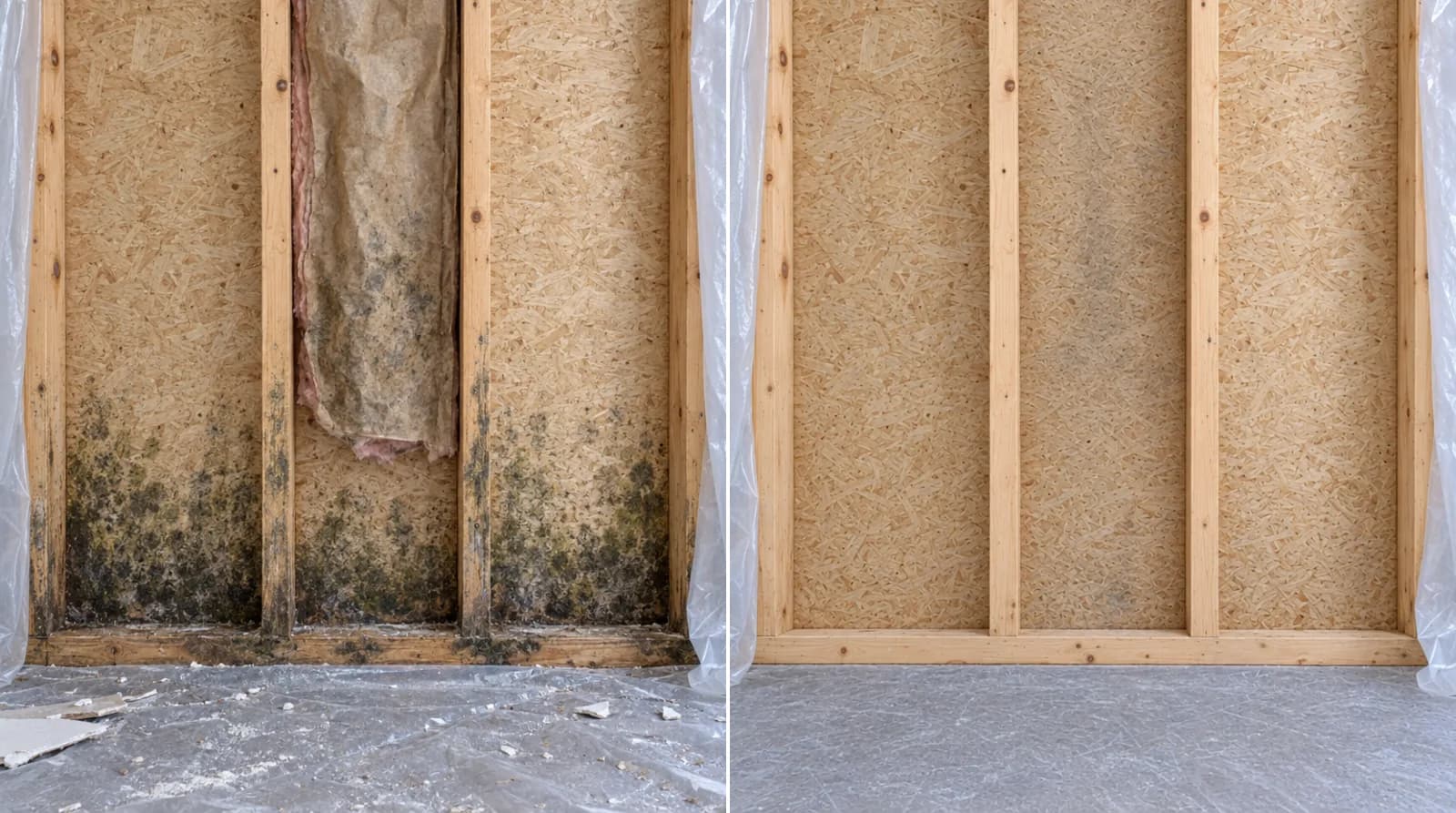 Two photos of the same opened wall during mold remediation. Left: mold growth on the OSB sheathing and two studs, with stained insulation still in one bay. Right: the same framing after the insulation is out and the wood has been HEPA-vacuumed, wiped and lightly sanded, with faint staining left and no visible growth.