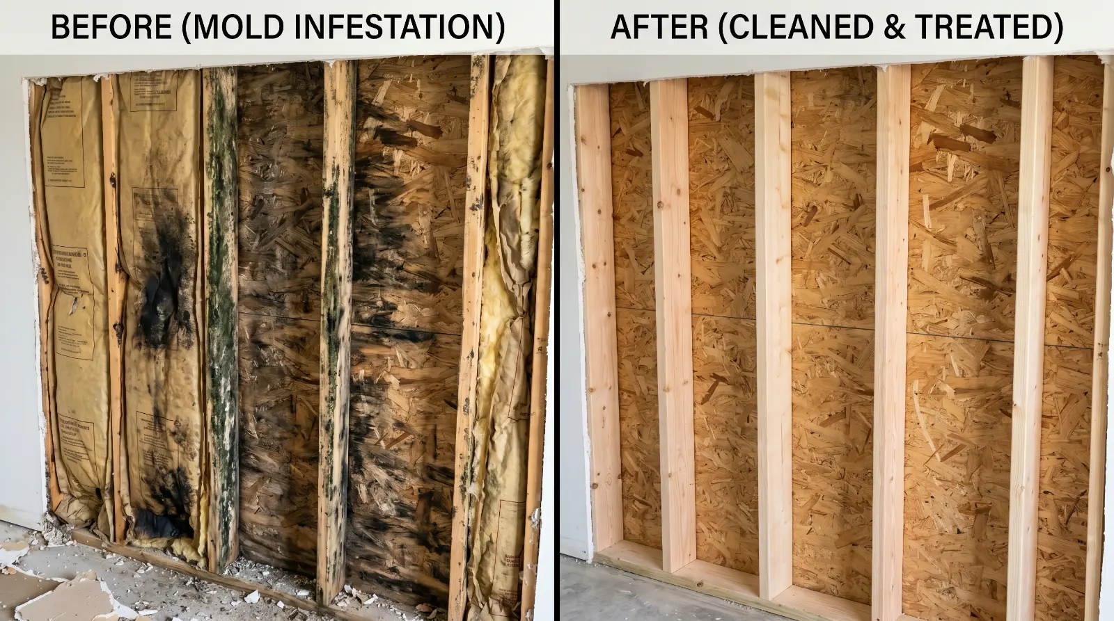 Before-and-after split panel of a residential wall cavity during professional mold remediation. Left: heavily mold-colonized framing studs and paper-faced insulation. Right: same framing cleaned, sanded, and treated with antimicrobial coating, ready for new drywall.