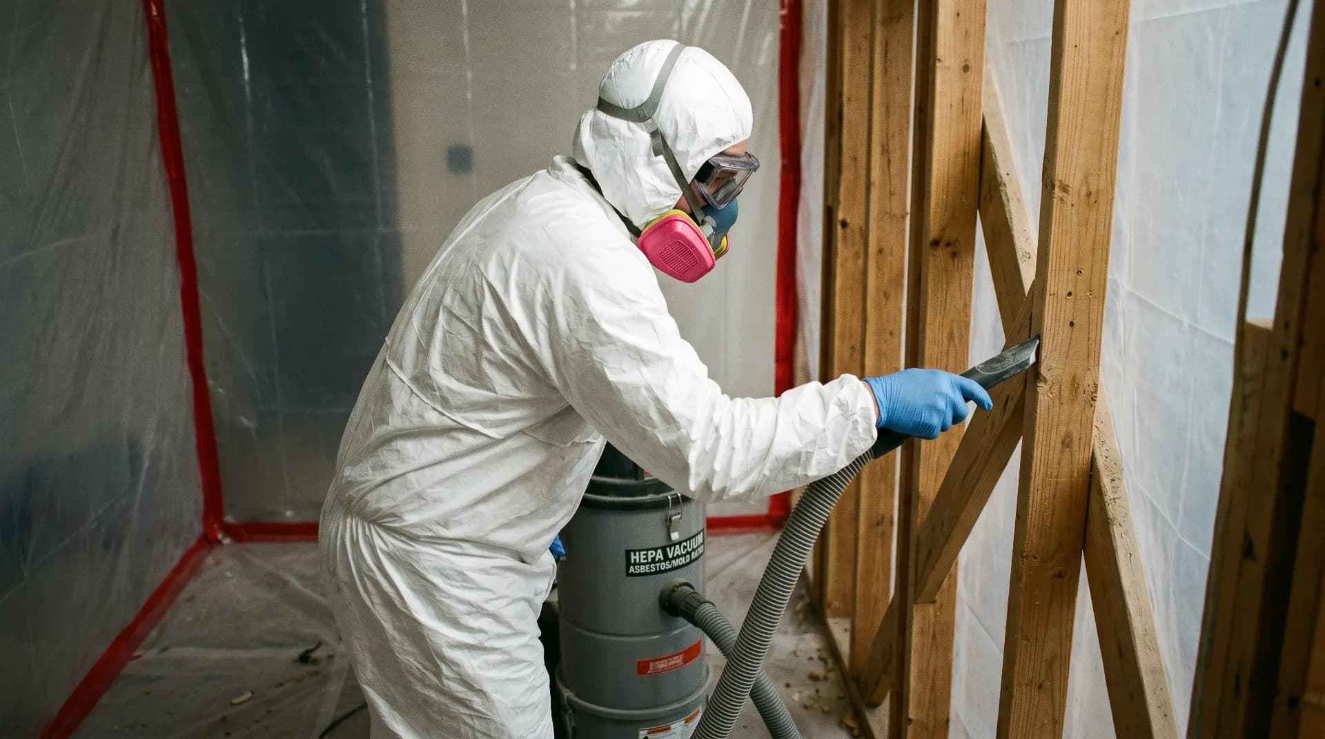Mold remediation technician in full PPE (Tyvek protective suit, P100 cartridge respirator, sealed goggles, nitrile gloves) operating a HEPA-rated vacuum on bare wall framing inside containment.