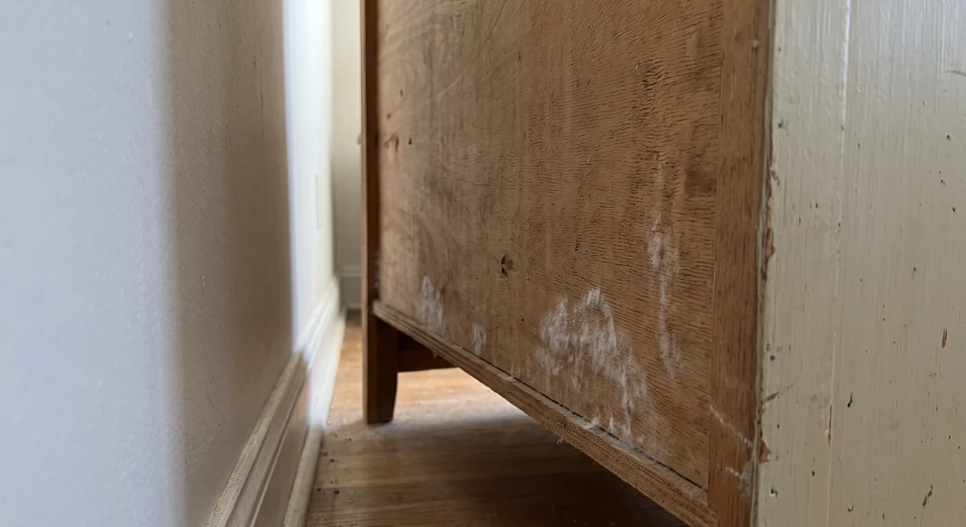 White, cottony mold growing in thin patches on the unfinished back panel of a wooden dresser pulled away from a bedroom wall.