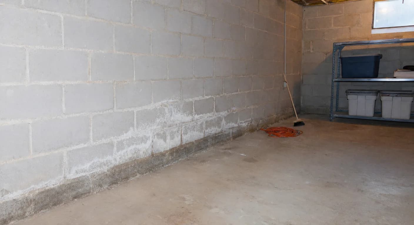 Dry white crystalline efflorescence along the mortar joints of a concrete block wall, above a darker damp band near the floor.